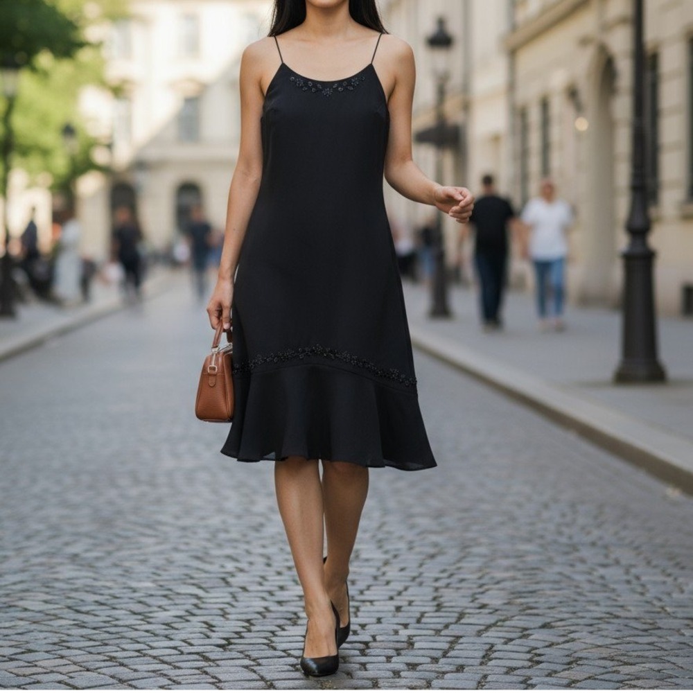 Career Party Cocktail Black LBD Beaded Size 12 Polyester Lined Silhouette‎ Dress